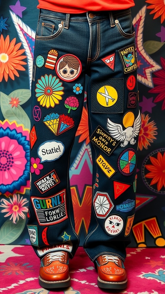 Crust pants with colorful patches including flowers, geometric shapes, and pop culture designs.